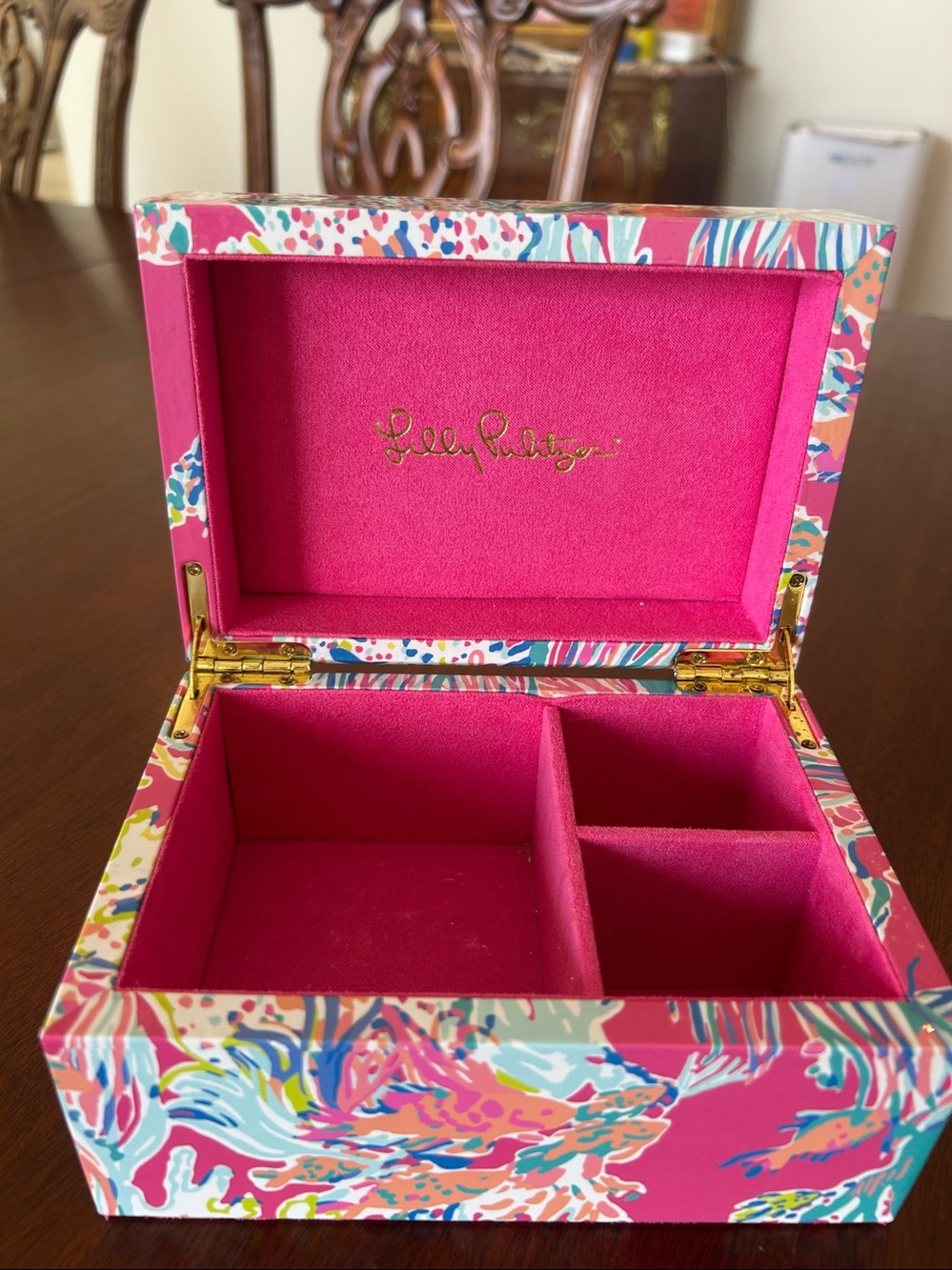 Lilly Pulitzer Jewelry Box Coral Reef Print Pink Velvet Lined with Gold Hinges